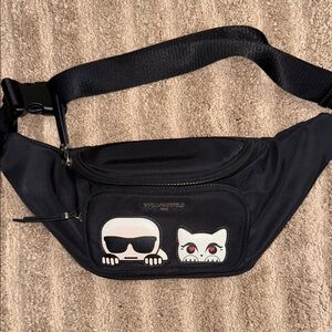 Karl Lagerfeld Black Belt Bag with Iconic Cartoon Motif